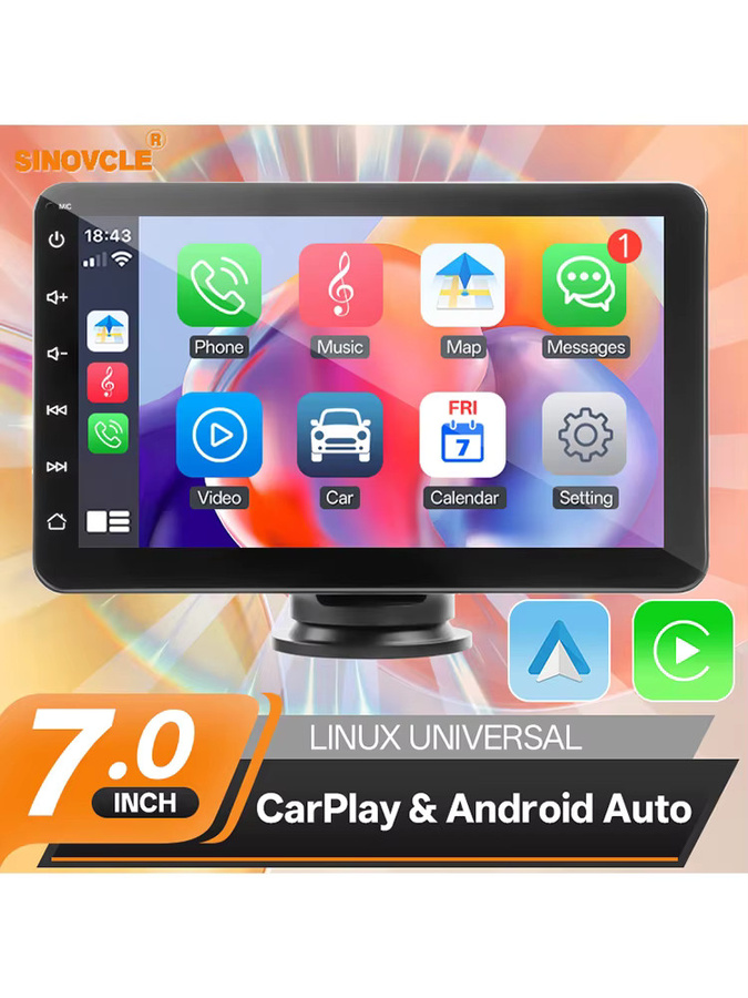 SINOVCLE 7 Zoll Tragbarer Drahtloser Carplay und Android Auto Multimedia Player mit IPS Touchscreen, Bluetooth, AUX und USB in Schwarz - Bild 7