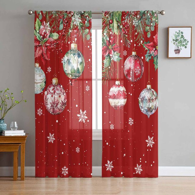 Transparenter Tüll-Vorhang mit Schneeflocken- und Poinsettia-Design in Rot und Grau, Breite: 135 cm, Höhe: 115 cm - Bild 1