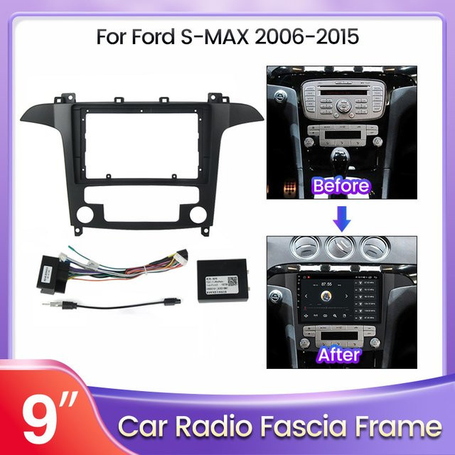 TomoStrong 9-Zoll-Autoradio-Blende für FORD S-Max 2006–2015 inklusive Montagesatz, Panel-Rahmenkabel und Canbus in Schwarz - Bild 1