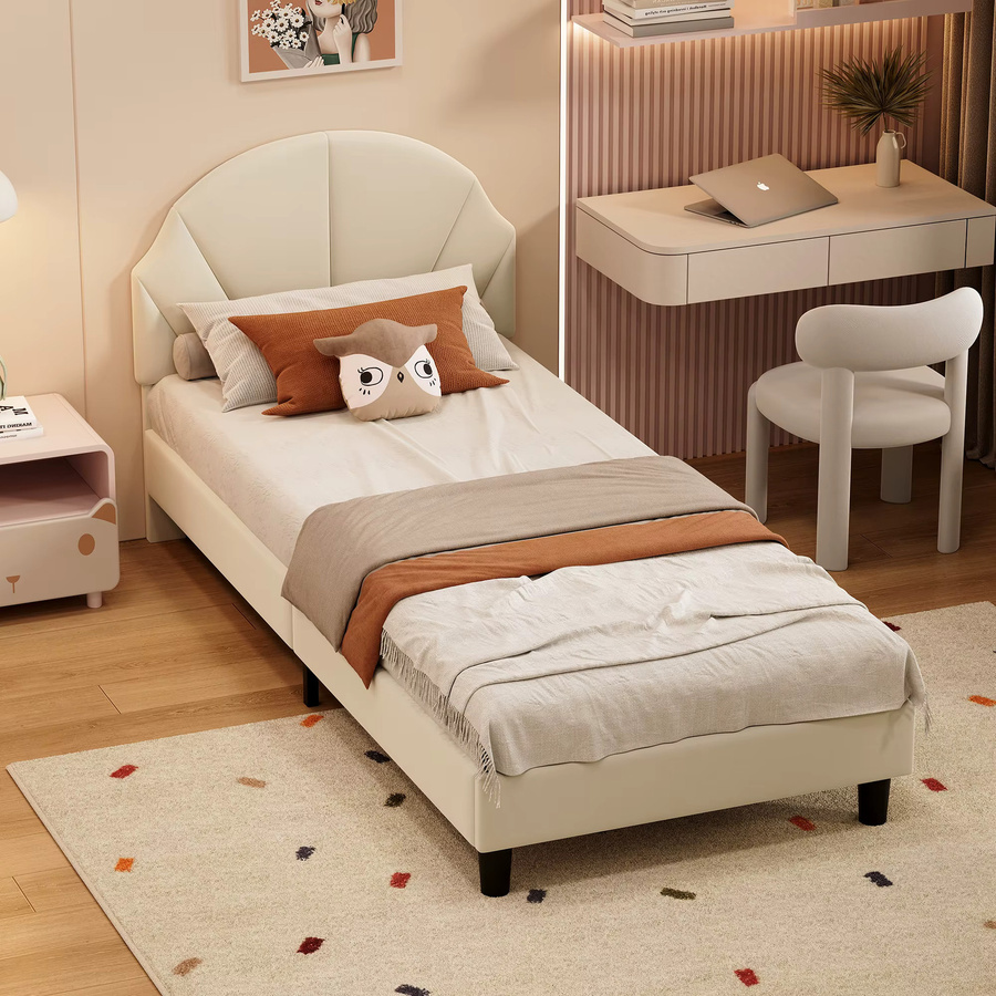 Anajqaqia Einzelbett für Kinder in Beige mit gepolstertem Samt-Rahmen und wellenförmigem Kopfteil, B/T: 90 x 200 cm - Bild 3