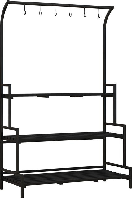 Outsunny Pflanzenständer Blumenständer mit 3 Ebenen und 6 Haken aus Stahl in Schwarz, H x B x T: 170 x 50 x 110 cm für Garten und Balkon - Bild 1