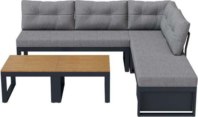 okwish L-Shape Gartenmöbelset in Grau mit Eckelement, Sofa, Couchtisch und Aufbewahrungsbox aus pulverbeschichtetem Stahl und wetterfesten Polstern - Bild 1