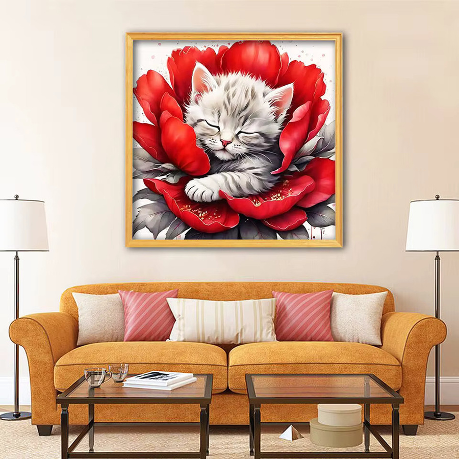 HUACAN Diamantmalerei Set Katze mit Blumen als DIY Mosaik-Stickerei für Erwachsene und Kinder, Rund, Mehrfarbig - Bild 3