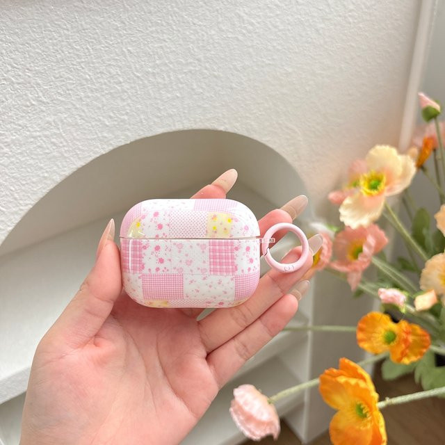 Apple Kopfhörer-Hülle für AirPods 1, 2, 3, 4, Pro 2 und Pro 3 mit rosa Blumen-Gittermuster und Haken - Bild 1