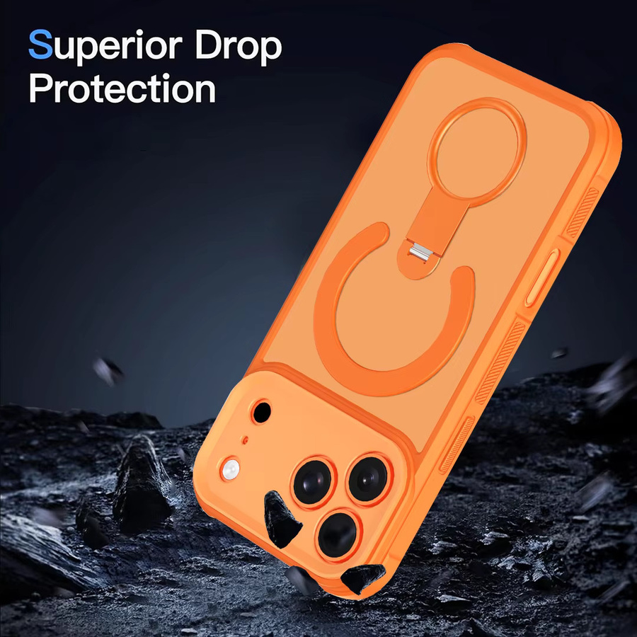 Magnetische MagSafe Handyhülle mit 360 Grad drehbarer Ringhalterung für iPhone, Mattes Cover in Weiß und Orange - Bild 4