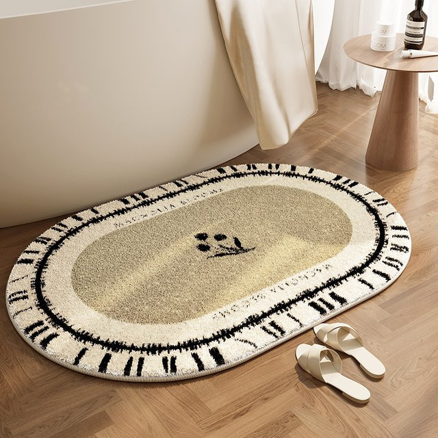VIKAMA Badezimmer-Bodenmatte in Beige, wasserabsorbierend und rutschfest, ovale Vintage-Design-Eingangsbodenmatte mit grafischem Muster, B/T: 60 x 40 cm - Bild 1