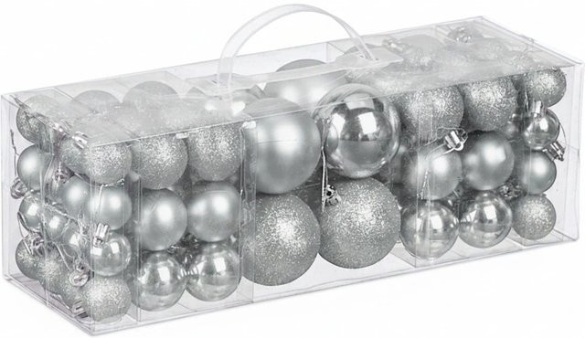Relaxdays Weihnachtskugeln Set in Silber aus bruchsicherem Kunststoff, 76 Stück - Bild 1