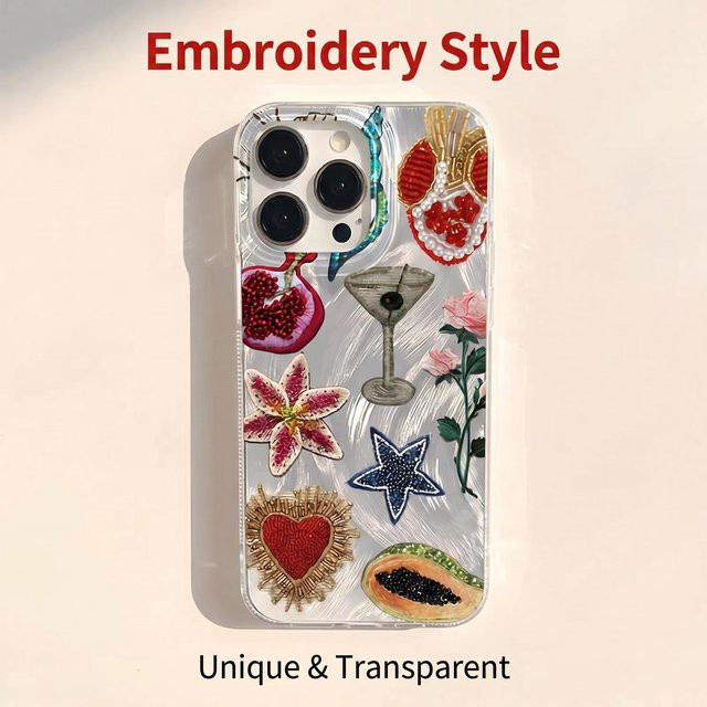 Handyhülle mit Granatapfelblüten-Druck im Vintage-Stickerei-Stil für Apple iPhone 11 bis 17 Pro Max, stoßfest und weich, Multicolor - Bild 1