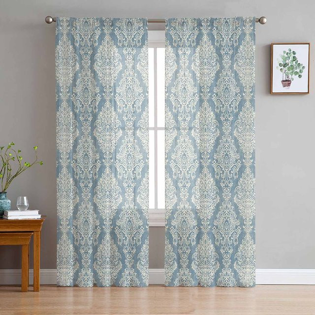 Binchi Outdoor Equipment Transparente Tüll-Vorhänge mit floralem Persischem Muster in Blau, B: 135 cm, H: 274 cm - Bild 1