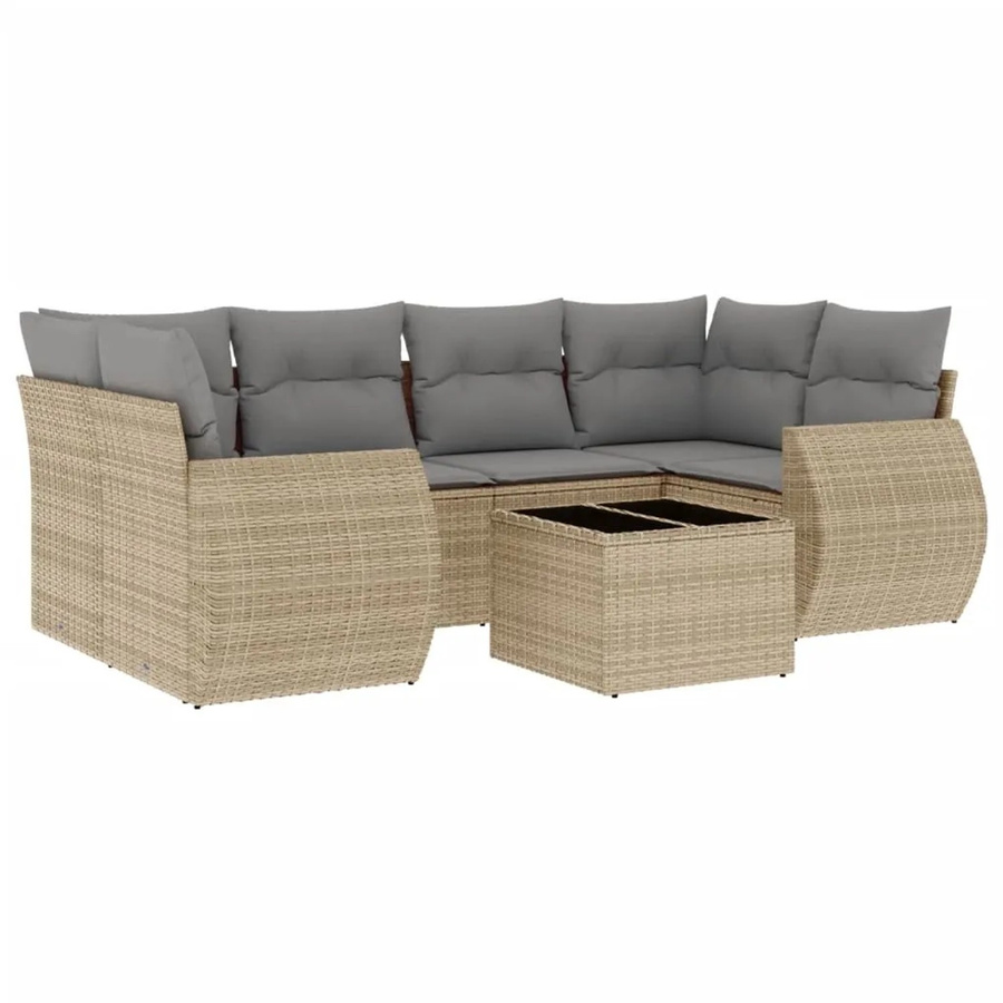 vidaXL 7-teilige Garten-Sofagarnitur in L-Form mit Kissen und Couchtisch, Beige/Grau, Poly Rattan und Metallgestell - Bild 2