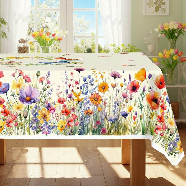 Rechteckige Tischdecke von JMG Household Supplies mit Frühlings-Aquarell-Wildblumen, Gänseblümchen und Schmetterlingen, Mehrfarbig, B/T: 140 x 140 cm - Bild 1
