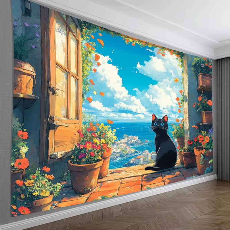 VIKAMA Wandteppich mit Katzenmotiv im Ölgemälde-Stil, Mehrfarbig, B/H: 70 x 70 cm - Bild 3