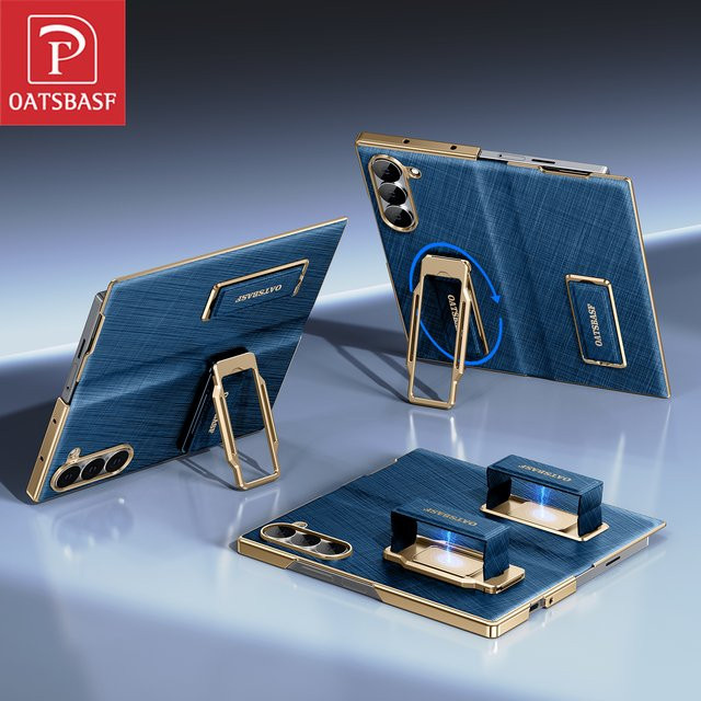 Oatsbasf Dual-Strap Leder-Handyhülle für Samsung Galaxy Fold 7 mit Trageriemen und 360 Grad Ständer in Schwarz oder Blau - Bild 1