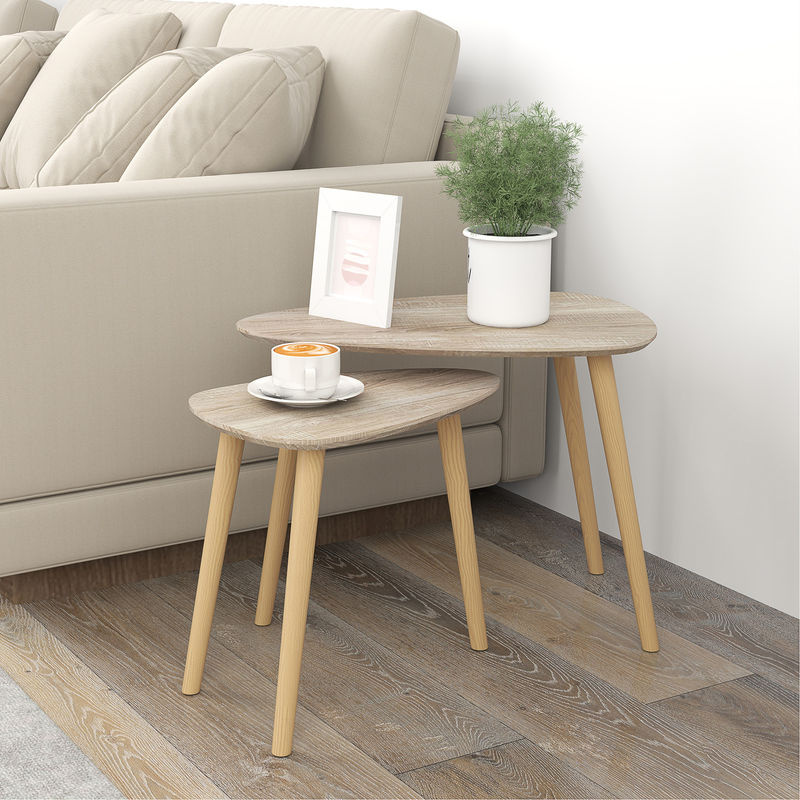 Aosom Nesttisch-Set aus 2 skandinavischen Design-Tischen mit Kiefernholz-Platten und Holzbeinen in Braun - Bild 2