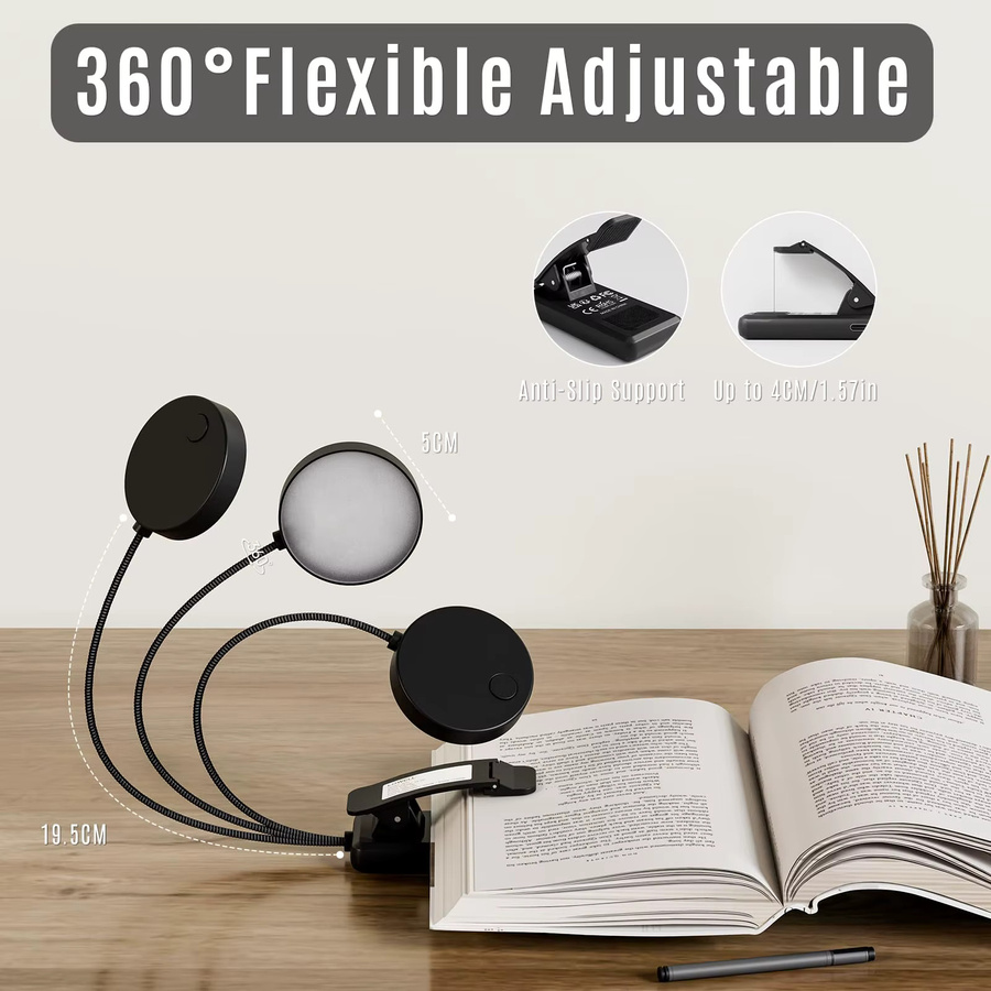 LQWELL LED Nachttisch-Leselampe in Schwarz, wiederaufladbare USB-Tischlampe mit 3 Farbtemperaturen, 10 Helligkeitsstufen und stufenloser Dimmfunktion, flexibles 360 Grad Buchlicht für Kinder und Erwachsene - Bild 3