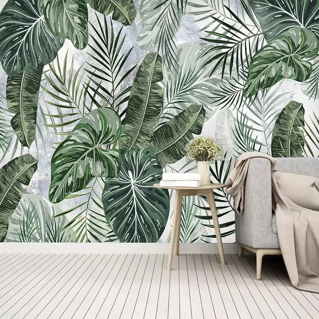 Handgezeichnete 3D Wandtapete mit tropischen Pflanzen und Blättern in Grün für dein Wohnzimmer oder Schlafzimmer - Bild 1