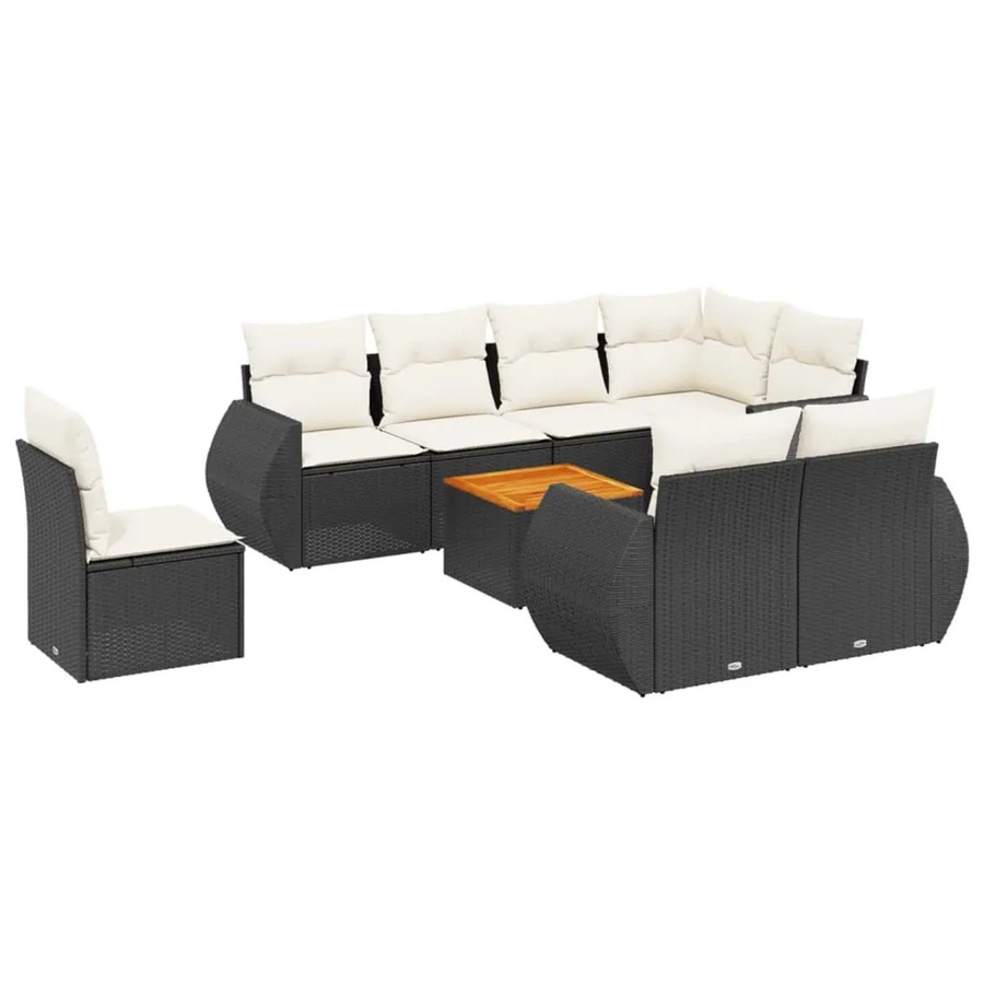 vidaXL 9-teilige Garten-Sofagarnitur mit Kissen aus Poly-Rattan und Akazienholz in Schwarz - Bild 2