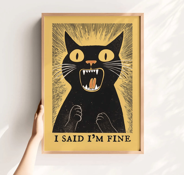 SHENCHEN Retro Wandkunst I Said I'm Fine Lustiges Schwarzes Katzen Poster Digitaler Druck für Büro und Zuhause - Bild 1
