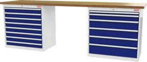 STIER Werkbank mit 2 Schrankgehäusen in Weiß und Blau, B/T/H: 250 x 60 x 106 cm - Bild 1