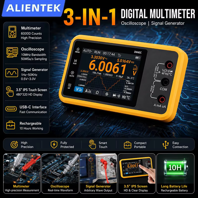 ALIENTEK DM40 3-in-1 Digital-Multimeter Oszilloskop und Signalgenerator mit IPS-Touchscreen in Gelb - Bild 2
