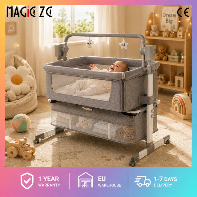 Intelligente elektrische Babywiege von Magic ZC mit automatischer Schaukelfunktion, Fernbedienung, Musik und 3-stufiger Höhenverstellung in Grau, anbettbar für das Elternbett - Bild 1