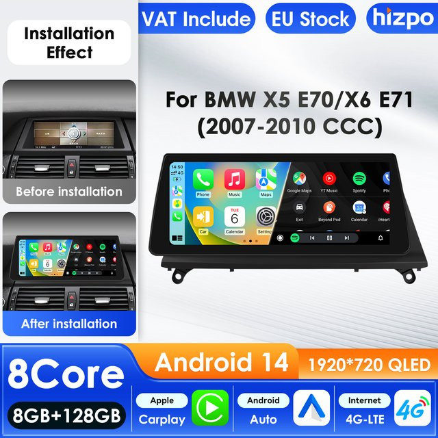 Hizpo Android 14 Autoradio mit Carplay und 4G für BMW X5 E70 X6 E71 CCC CIC, Schwarz, mit GPS und Cellular-Funktion - Bild 1