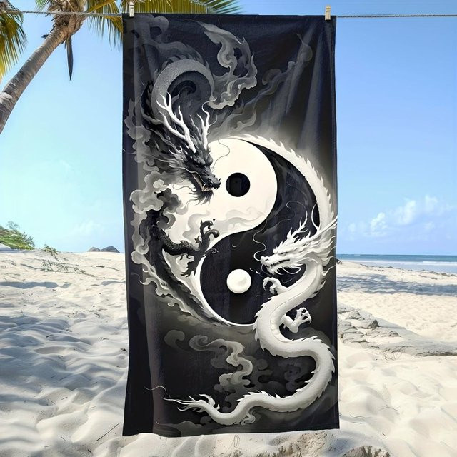 JMG Household Supplies Strandtuch Yin Yang Drache Schwarz-Weiß, schnelltrocknendes Reisehandtuch aus Polyester, B/H: 80 x 160 cm - Bild 1