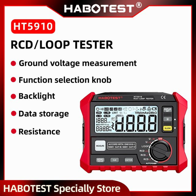 HABOTEST HT5910 Digitales Widerstandsmessgerät in Rot mit LCD-Display, Leckstrom-Schaltertester, Voltmeter, Megohmmeter und RCD/Loop-Tester mit 1000 Datenspeicher - Bild 1