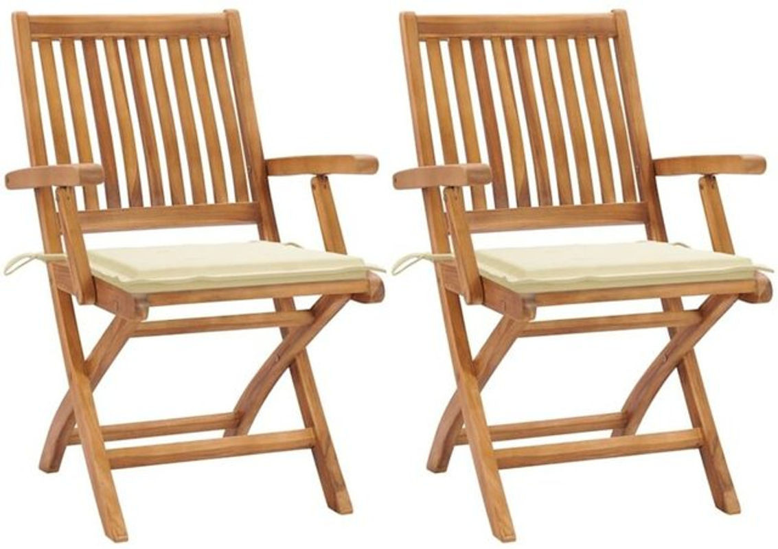 vidaxl Gartenstuhl Set aus Teak Massivholz mit cremeweißen Kissen im Landhausstil, 2 Stück, Braun/Creme - Bild 1