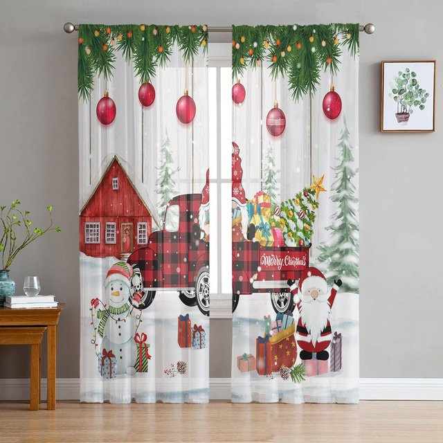 Weihnachts-Vorhang mit LKW, Schneemann und Wichtel Motiv aus transparentem Tüll in Braun, B: 135 cm, H: 115 cm - Bild 1