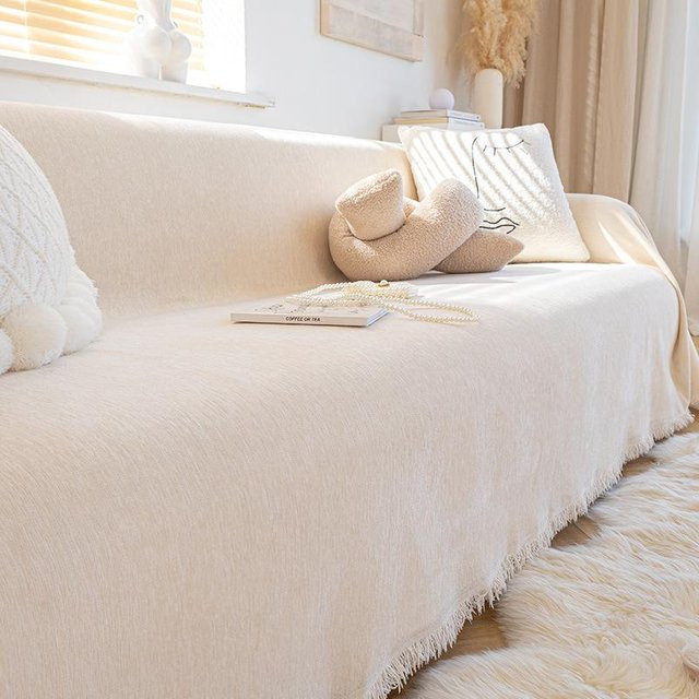 Super Six Chenille Sofabezug Creme Einteilige Sofadecke B/B: 180 x 130 cm - Bild 1