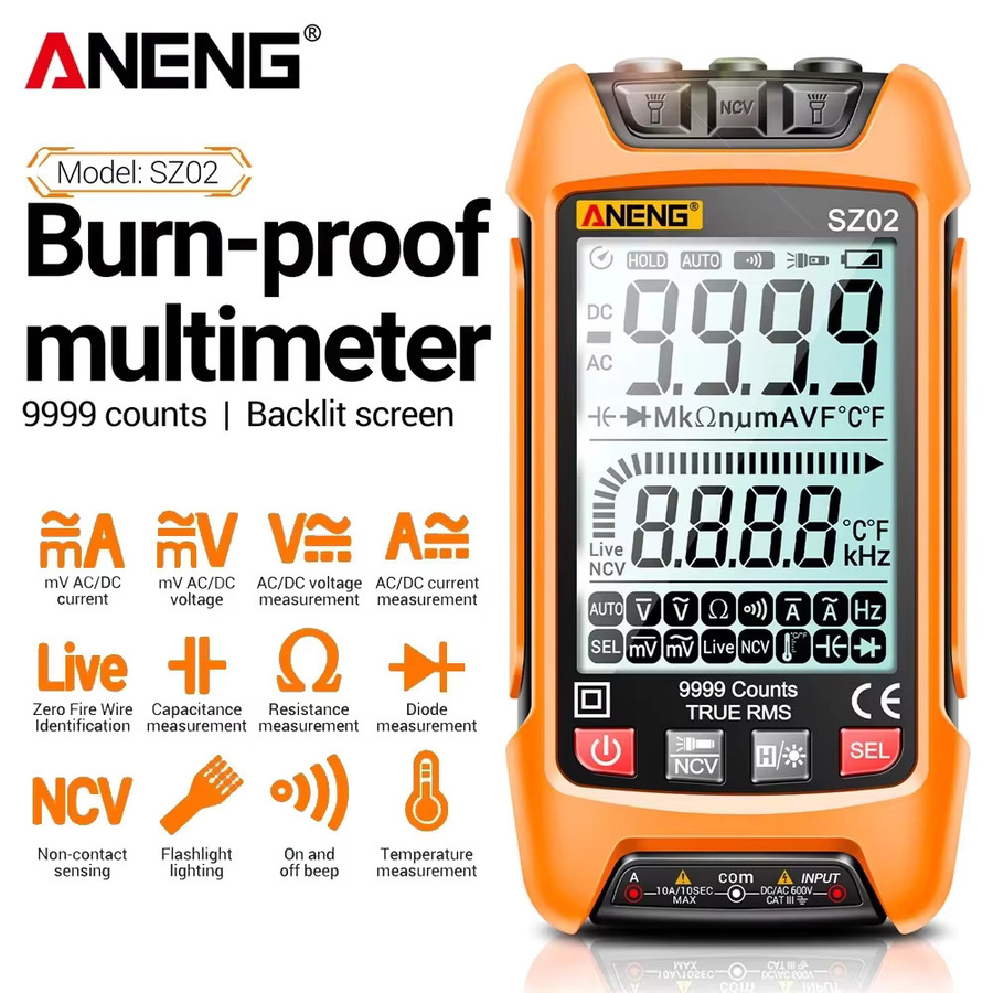 ANENG SZ02 Digitales Multimeter mit 9999 Anzeige für AC/DC Spannung, Strom, Temperatur, Kapazität und NCV Null-Leiter-Tester mit HD-Hintergrundbeleuchtung - Bild 2