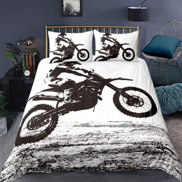 Binchi Fitness Dirt Bike King Queen Bettwäsche Set Motocross Sport Design in Schwarz Weiß, B/H: 135 x 200 cm - Bild 1