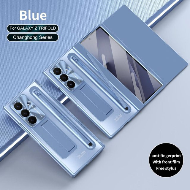 Samsung Galaxy Z TriFold Handyhülle in Blau mit gehärtetem Glas, integriertem Ständer, Stift und Stifthalter - Bild 1