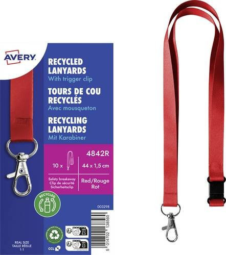Avery Zweckform 4842R Recycling Lanyard aus rPET mit Karabiner, rot, 10 Stück, B: 1,5 cm, L: 44 cm - Bild 1