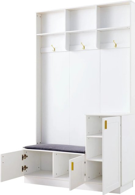 okwish Garderoben Set mit Bank und Schuhablage in Weiß, H: 200 cm, B: 120 cm, T: 40 cm - Bild 1