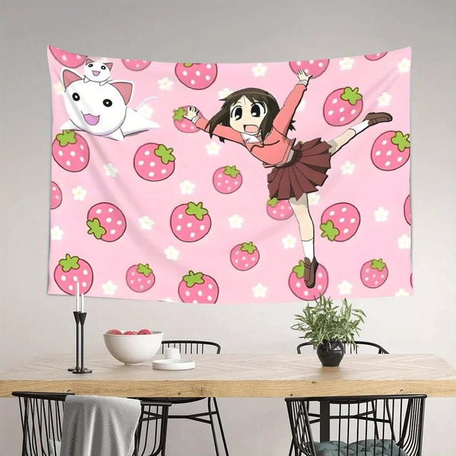 VIKAMA Azumanga Daioh Wandteppich Osaka Anime Erdbeer-Katze Wandbehang in Pink für deine Schlafzimmerdekoration - Bild 1