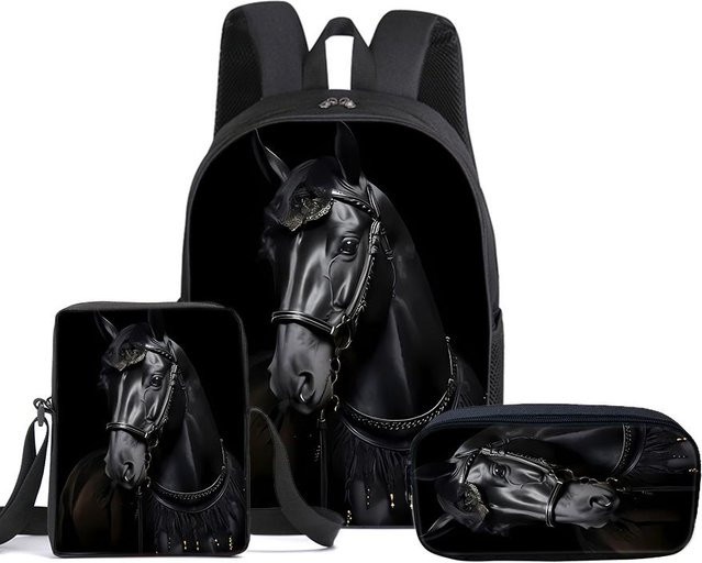 VINKA 3er Set Schultaschen mit Umhängetasche und Federmäppchen im Pferd-Design für Jungen und Mädchen, Schwarz - Bild 1