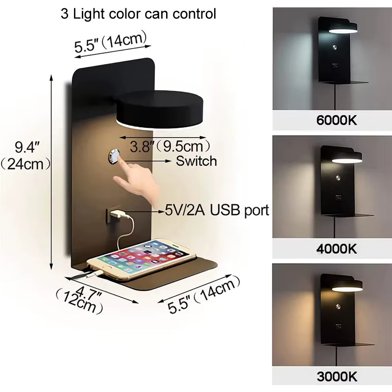 Moderne LED Wandleuchte von Ramalho mit USB-Ladefunktion und Schalter für Schlafzimmer, Wohnzimmer oder Flur in Schwarz oder Weiß - Bild 3