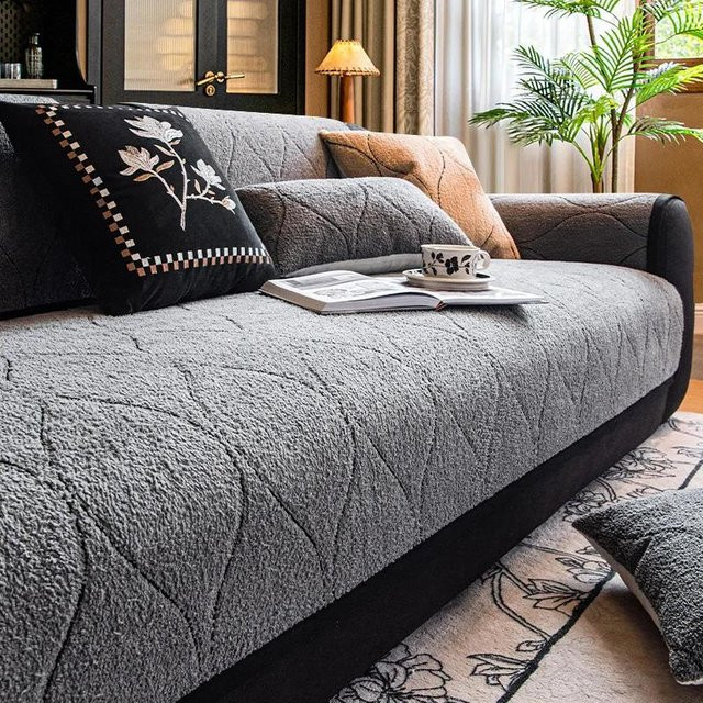Rutschfeste Sofamatte aus Plüschstoff für L-Form Sofas, warm und verdickt, Grau mit schwarzem Rand, Breite: 70 cm, Breite: 70 cm - Bild 1