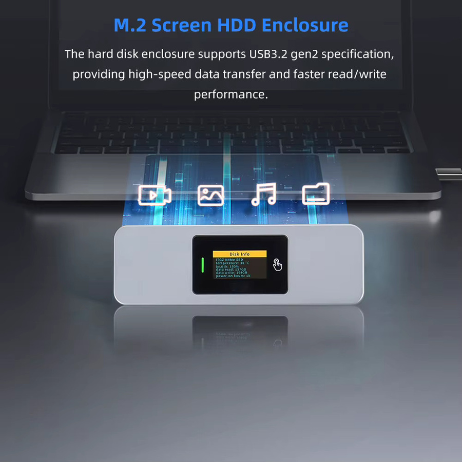 IRhasta M.2 NVMe SSD-Gehäuse mit Display, USB 3.2 Gen2 10 Gbit/s, externes Aluminium-Gehäuse für M.2 2280, Silber - Bild 3