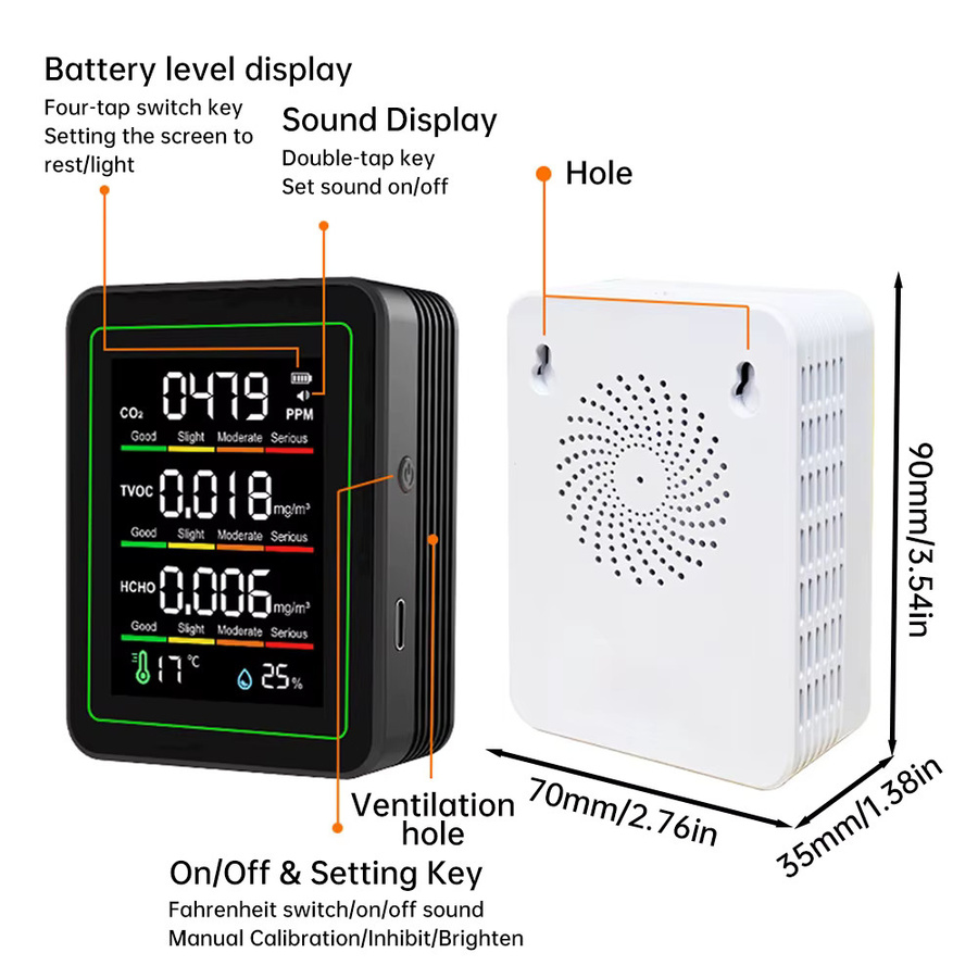 Gaqqee 5-in-1 Luftqualitätsmonitor in Schwarz mit CO2-Detektor, Formaldehyd-Messgerät sowie Temperatur- und Feuchtigkeitsmonitor und Typ-C-Anschluss - Bild 2