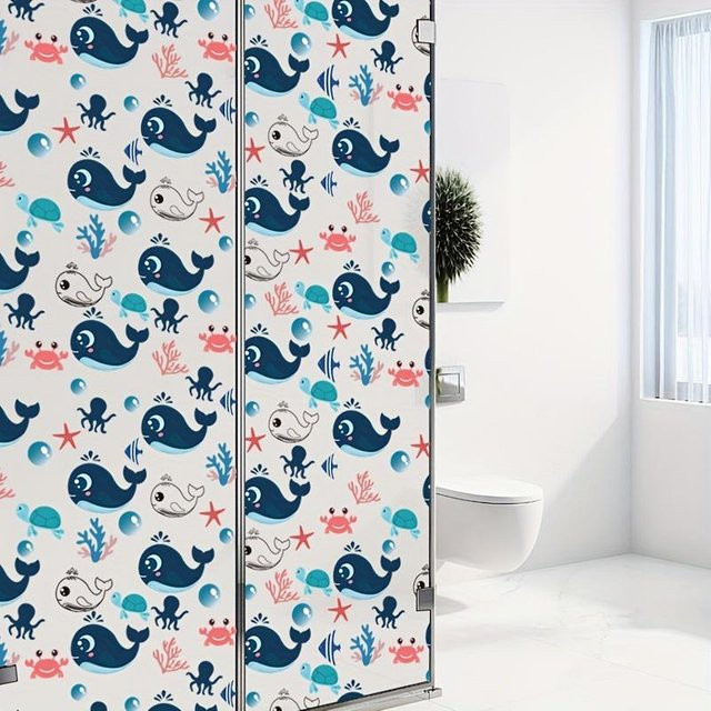 Fensterfolie SZ-Damai mit blauem Wal-Säulen-Muster als Sichtschutz für Fenster und Türen, Farbe: Blau/Weiß - Bild 1