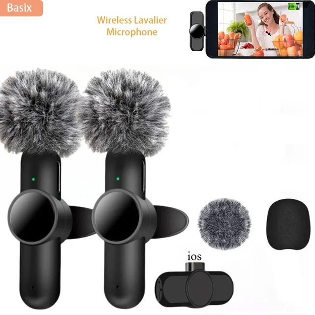 Basix Kabelloses Lavalier-Mikrofon 2,4G mit Geräuschunterdrückung für iPhone, iPad, Android und Samsung in Schwarz - Bild 1