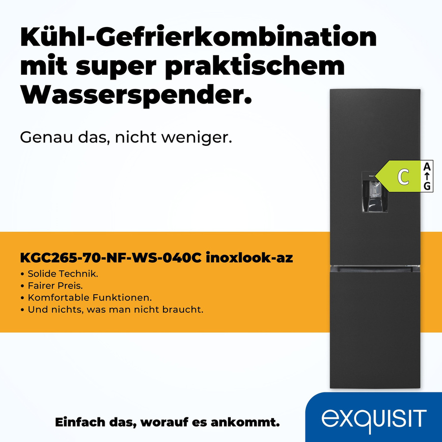 Exquisit Kühl-Gefrierkombination KGC265-70-NF-WS-040C in Silver, No Frost, mit umkehrbarer Tür und LED-Innenbeleuchtung, B/T/H: 60 x 71 x 180,5 cm - Bild 2