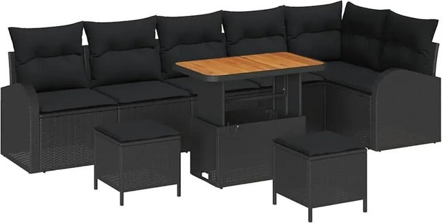 vidaXL Garten-Sofa-Set aus Polyrattan in Schwarz, 9-teiliges L-Shape Lounge-Set mit Kissen und Tisch - Bild 1