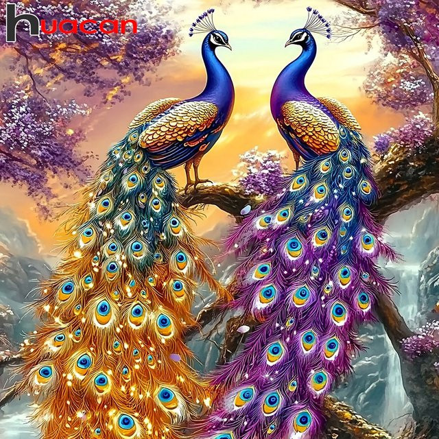 Huacan DIY Diamantmalerei Pfau als 5D Stickerei Bastelset in Mehrfarbig mit runden Mosaiksteinen - Bild 1