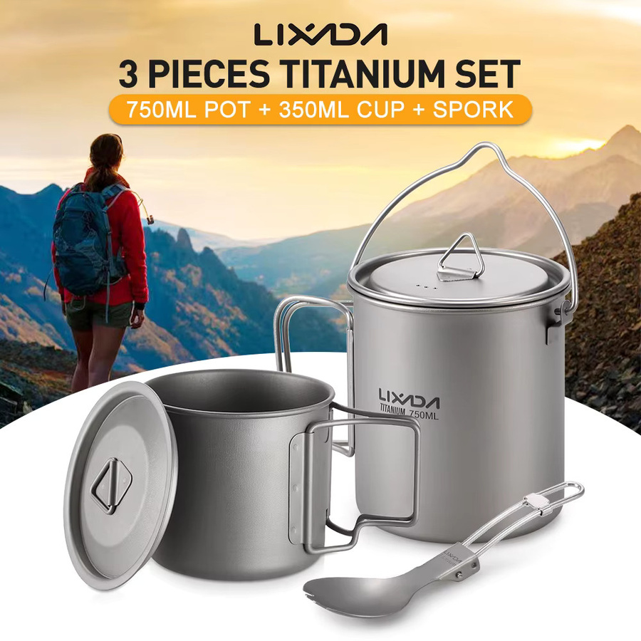 Lixada Titan Outdoor-Camping Geschirr-Set in Silber mit 750 ml Topf und 350 ml Becher inklusive Deckel, zusammenklappbarem Griff und Spork - Bild 2