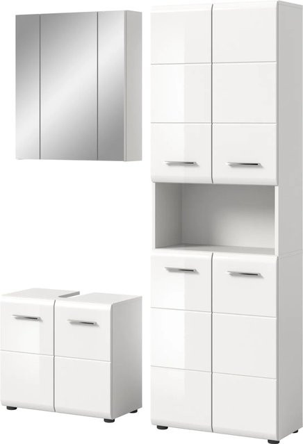 Inn.Furn Badmöbel Set 3-teilig Cover in Weiß Hochglanz mit Hochschrank, Spiegelschrank und Waschbeckenunterschrank, Breite: 135 cm, Höhe: 185 cm, Tiefe: 30 cm - Bild 1