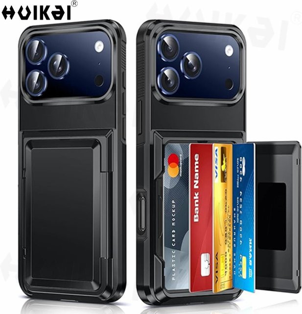Huikai Brieftaschen-Hülle für iPhone 17 Pro Max 16 Pro Max 15 14 13 12 mit Kreditkartenhalter und stoßfestem Schutz in Schwarz oder Blau - Bild 1